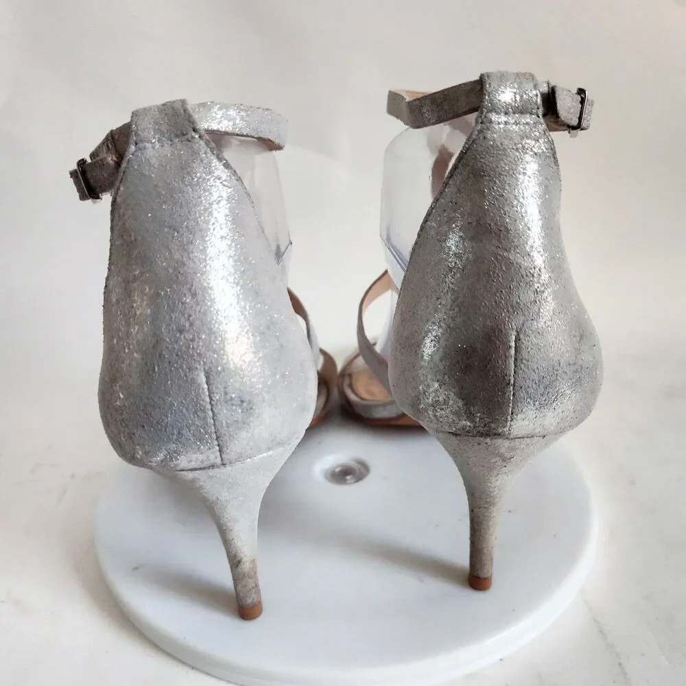 New Vince Camuto Sandals Size 10‎ Leather Silver Formal Strappy Heels Payto Gala